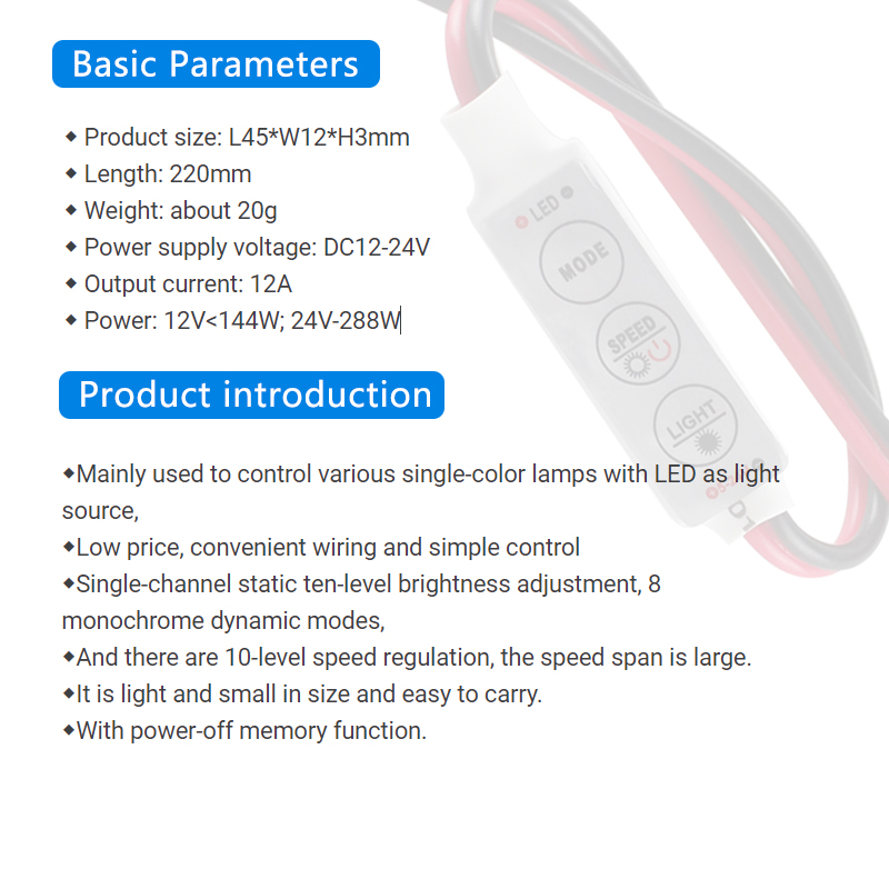 3 Key LED Mini Controller 5V 12V 24V For 5050 3528 Single Color LED Strip Light