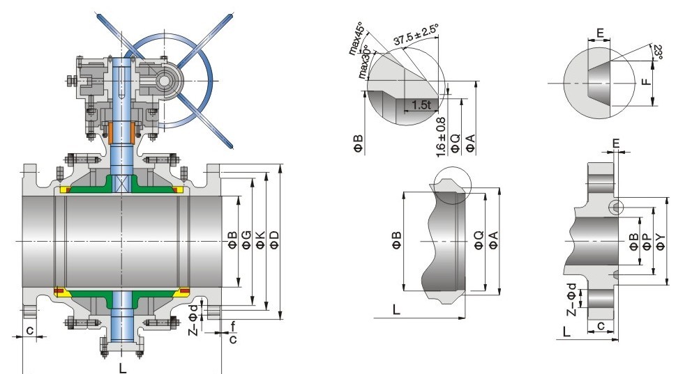 Split Trunnion Mounted Soft Seated Ball Valve Forged Steel A105 N Material
