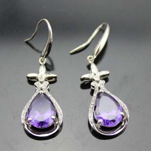 Quality 925 Sterling Silver Pear Shape Created Amethyst Cubic Zircon Drop Dangle Earrings (PSJ04502) wholesale