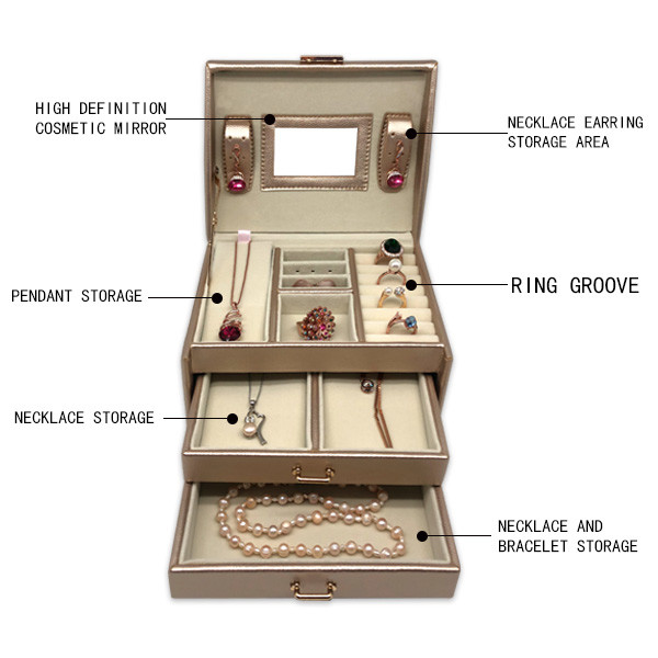 Gold Color Hot stamping PU Leather Jewelry Organizer Case