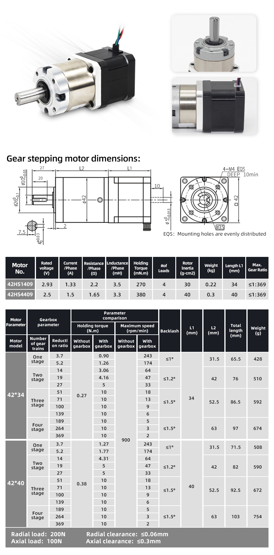 42mmx42mm Nema 17 Hybrid Micro Planetary Gearbox Stepper Motor With 270/380mN.m Holding Torque