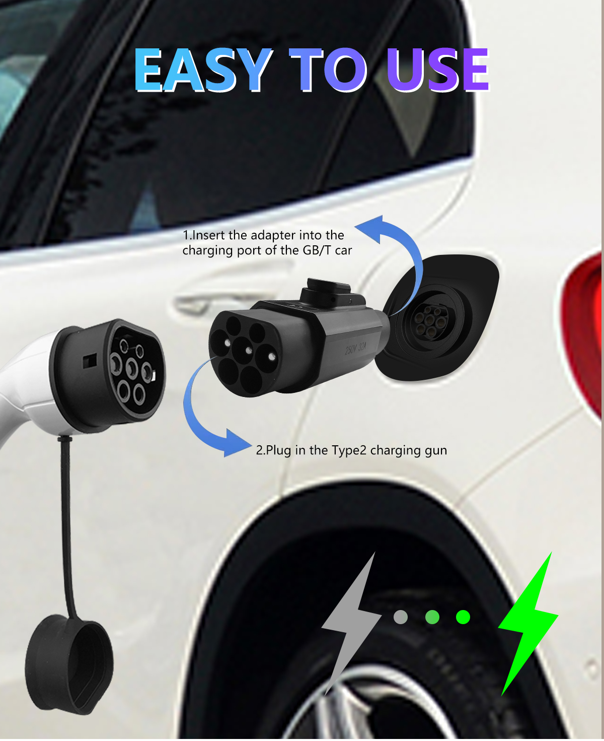 GBT Car Charger Plug Type2 Adapter 7Kw Single Phase with Lock and Power Off Button Upgrade Your Electric Car Charging
