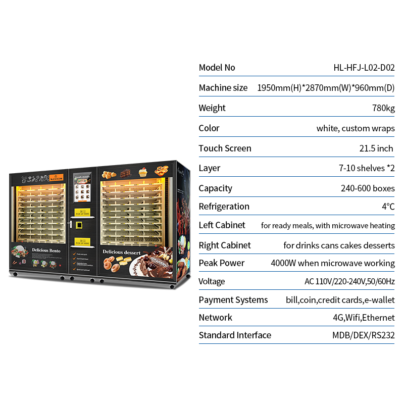 Large Capacity 2 Cabinets Vending Machine for Ready Meals with Microwave Heating And Drinks Cans Cakes Desserts