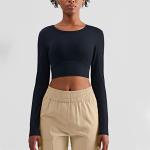 Rib Striped Ladies Yoga Tops Active Stretch Fitness Long Sleeve Yoga Crop Top