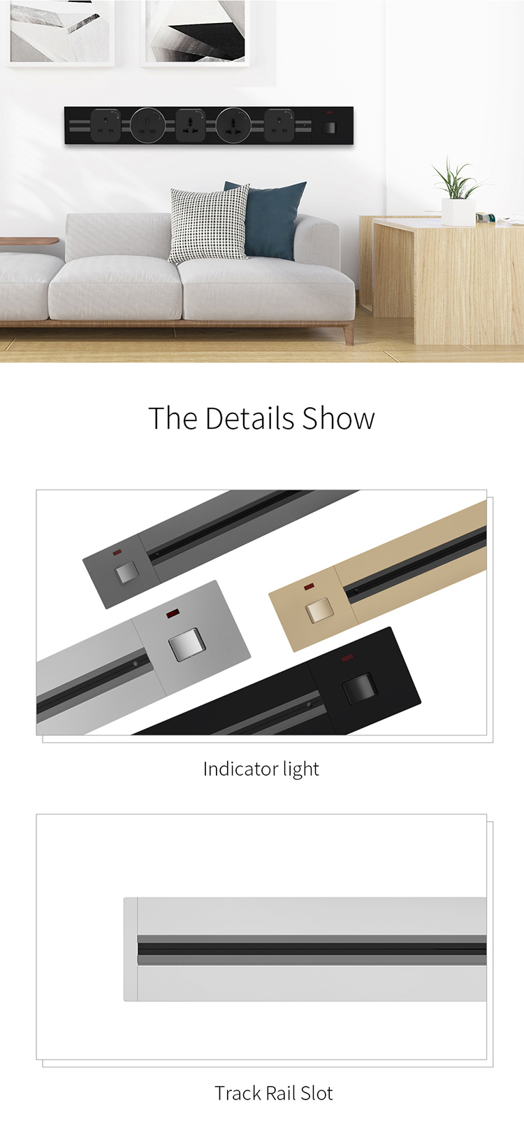 Ultra-thin Rail Power Socket Ideal for Hotel Kitchen Office WIFI NO 1500mm*80mm*21.6mm