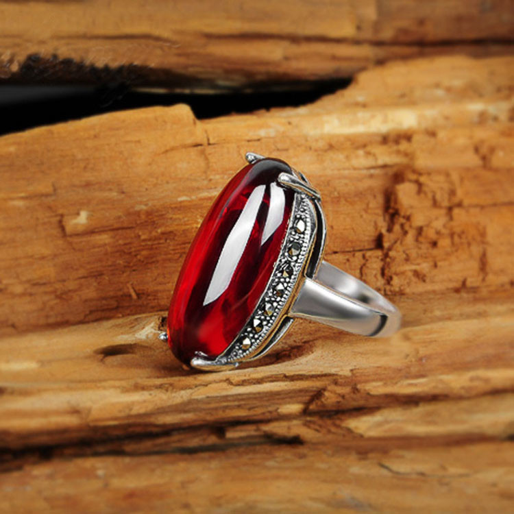 Thai Sterling Silver Oval Created Garnet Marcasite Ring (R121402)