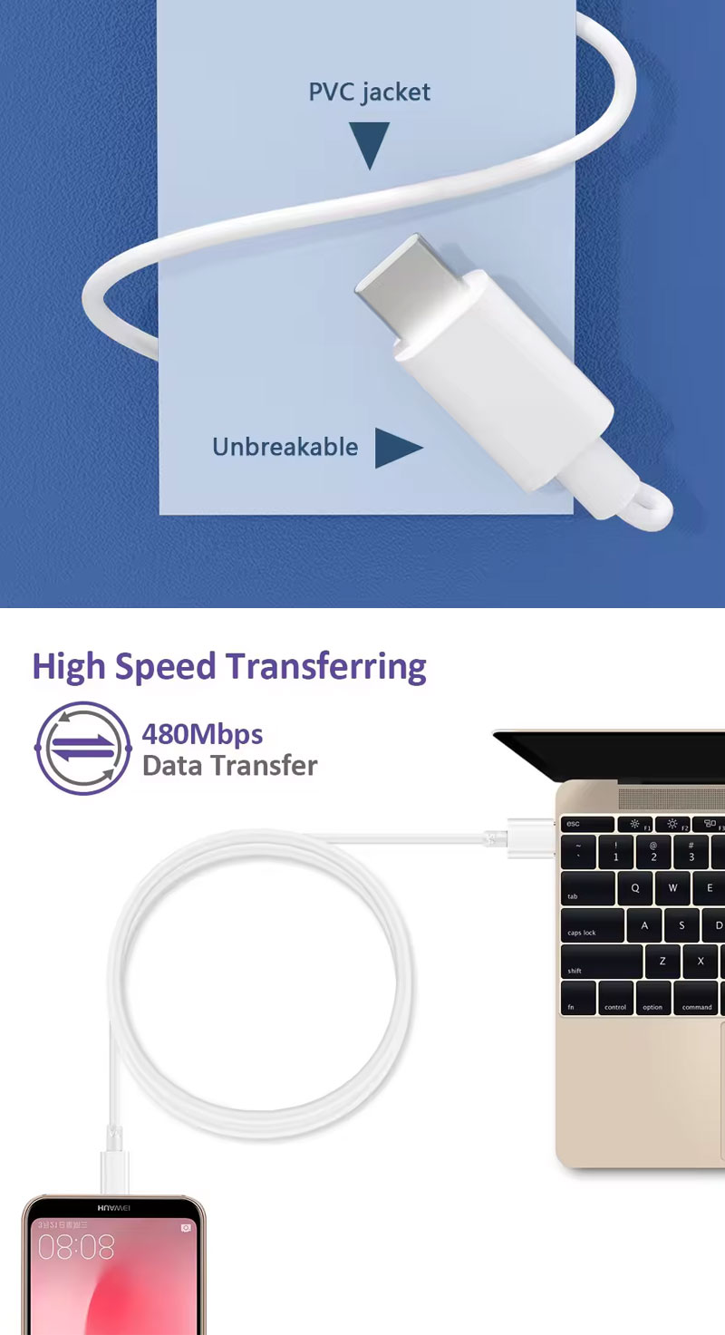High Quality 1M 2M 5A Fast Charging USB to Type C Data Charger Cable for Huawei Android Phone