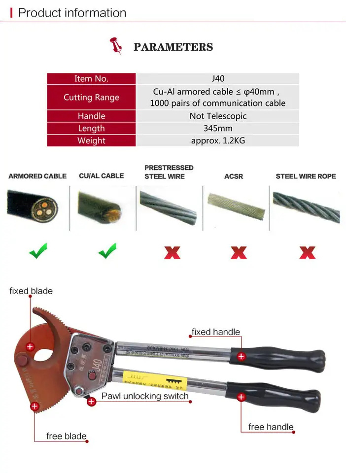 Not Rated Jaw Surface Ratchet Cable Cutter Industrial Grade for 75mm Diameter Cables
