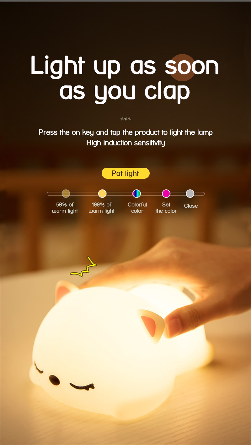 LED Cute Cat Lamp Nursery Kids Bedroom Decor Gift Color Changing Silicone Touch Kitty Night Light
