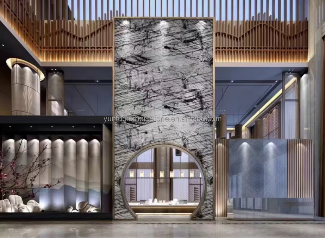 Italian Natural Stone Silver Fir Black Grey Look Marble Textured Slab for Home Wall Panel