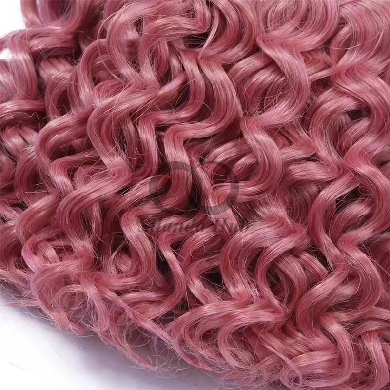 Pink Deep Curly Remy Human Hair Bundles Sew In Weave Bundles Brazilian Bundle Deals