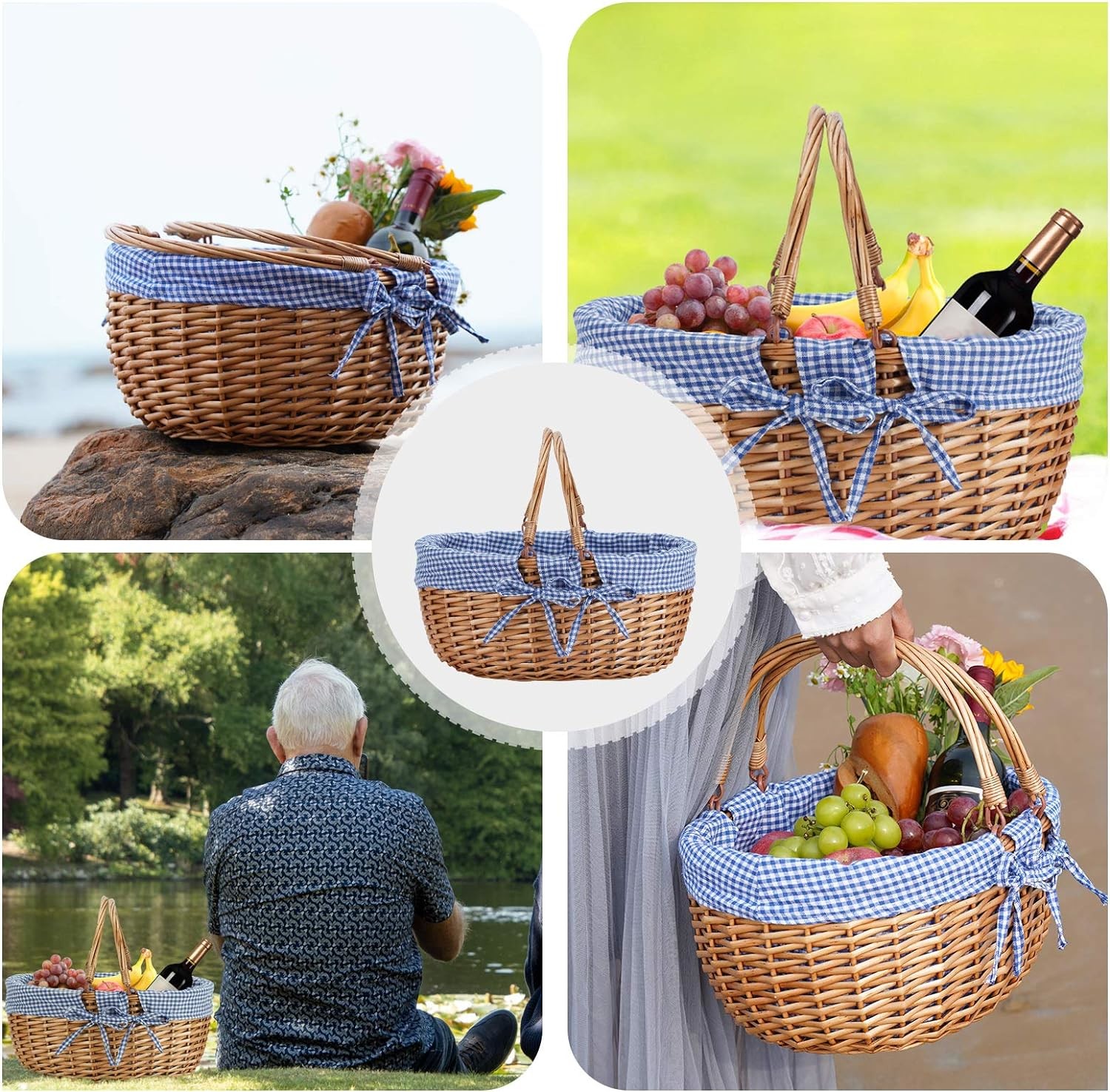 G GOOD GAIN Wicker Picnic Basket with Double Folding Handles,Willow Picnic Hamper,Natural Hand Woven Easter Basket,