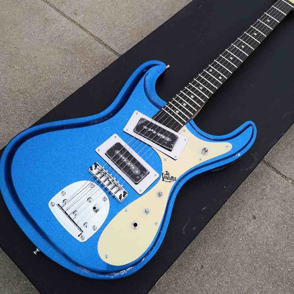 Custom 1966 Ventures Mosrite Zero Fret JRM Johnny Ramone Electric Guitar Tremolo Tailpiece in Blue Color