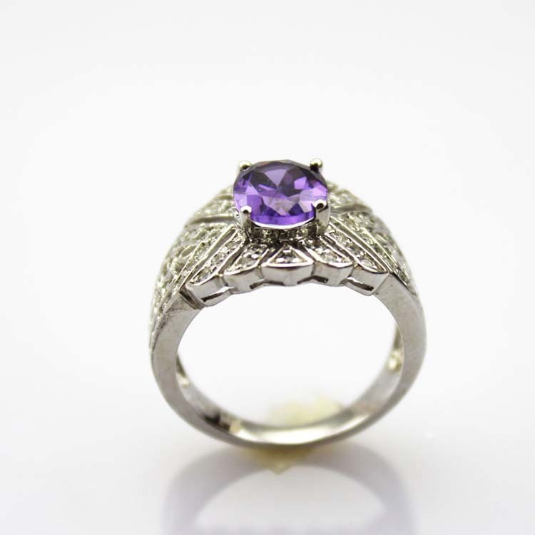 Solid 925 Silver Ring with 7x9mm Oval Created Amethyst Cubic Zirconia(JY037)