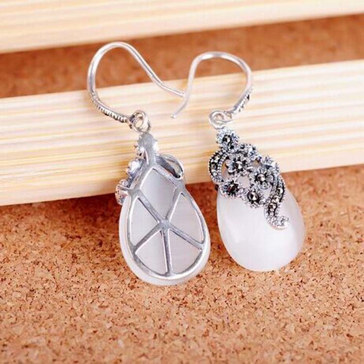 Retro Jewelry Thai 925 Silver with Marcasite White Opal Earrings(LR1036WHITE)