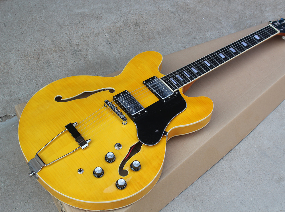 Custom Yellow Semi-hollow Body Electric Guitar with Flame Maple Veneer,Rosewood Fretboard