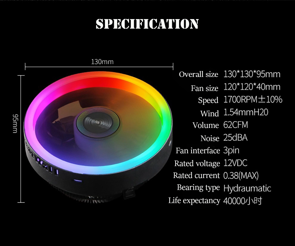 62CFM Personal Computer CPU RGB Cooling Fan 1700RPM Downpress RGB Fan PC Case Cooling Heatsink CPU Cooler