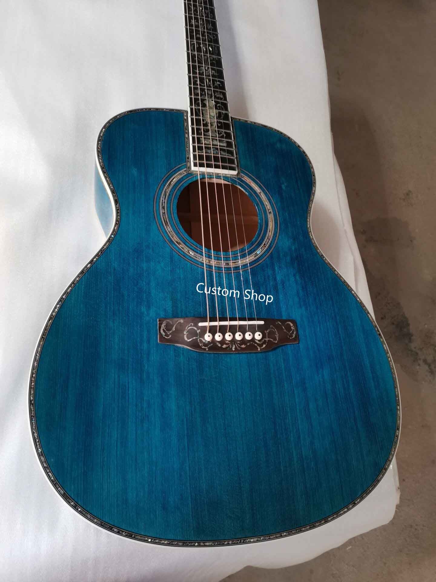 Custom 14 Frets Scalloped X Shaped Bracing OM Water Wave Top Full Abalone OM45 Blue Quilted Figured Maple Acoust