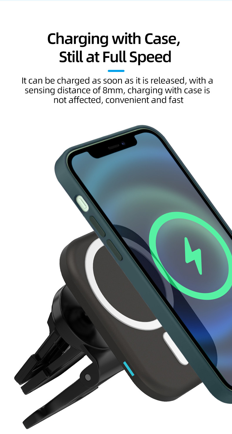 15W Magnetic Wireless Car Charger Air Vent Mounting with ABS Silicone Gel Material