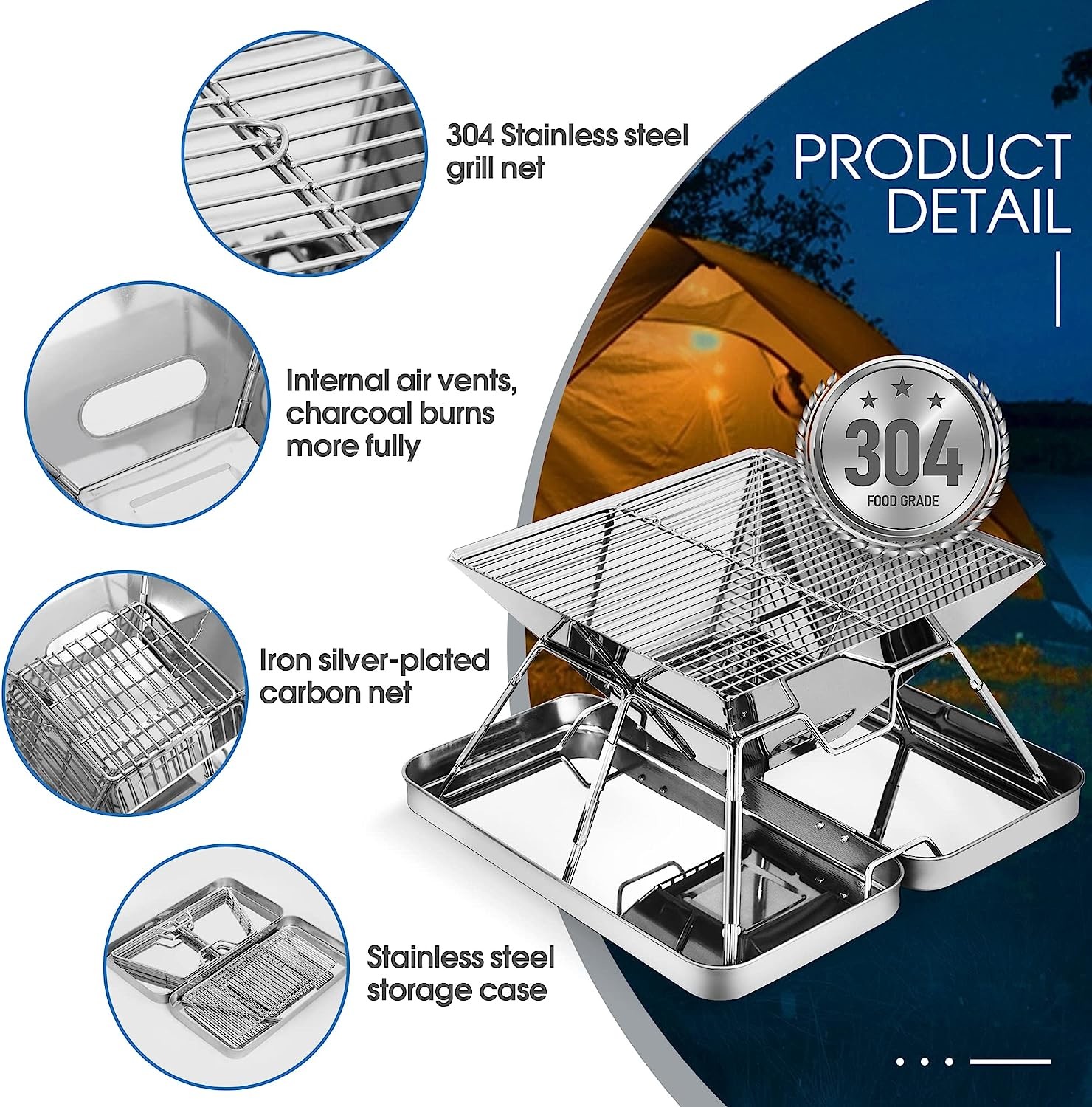 Picnic Outdoor Charcoal Barbecue Grill, Portable Charcoal Grill, Folding Stainless Steel Camping Fire Pit