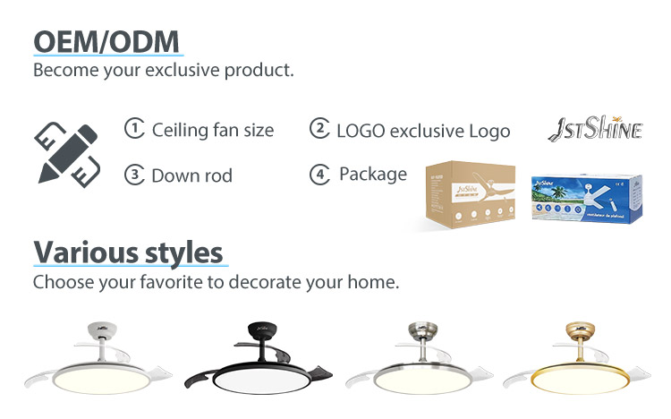 Ultra Thin White Elegant Design Retractable Ceiling Fan with LED Light and 6" Downdrod