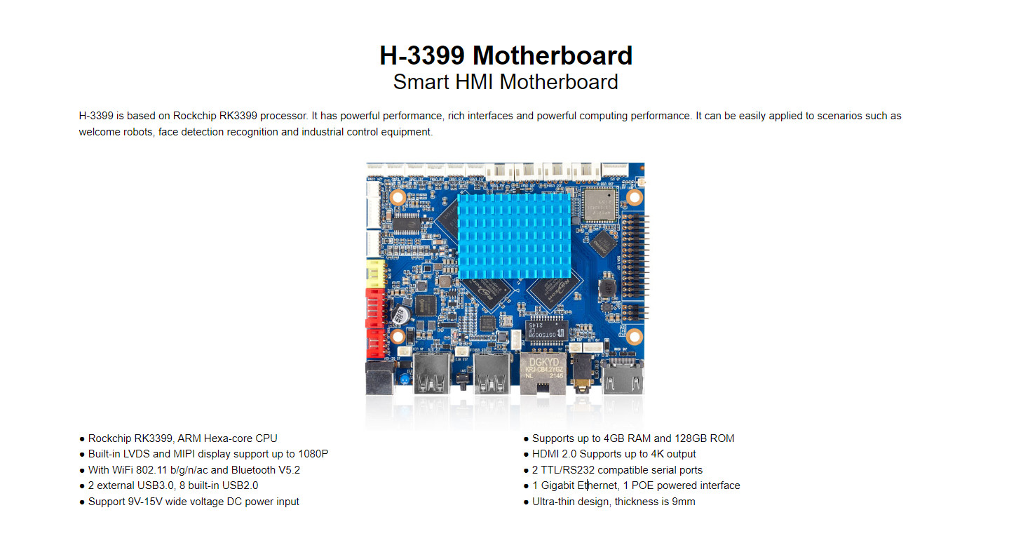 H-3399 Smart HMI Motherboard Quad Core Mali-T860 Standard 16GB EMMC 2 external USB3.0