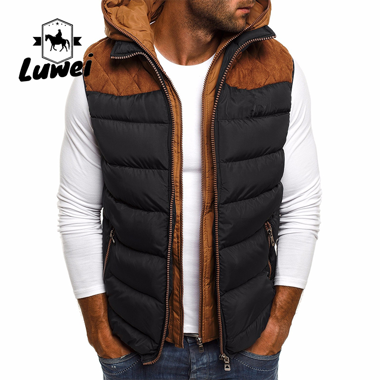Customized Sleeveless Zip Up Winter Polyester Utility Cotton Men's Quilted Hooded Bomber Vest with Hoody