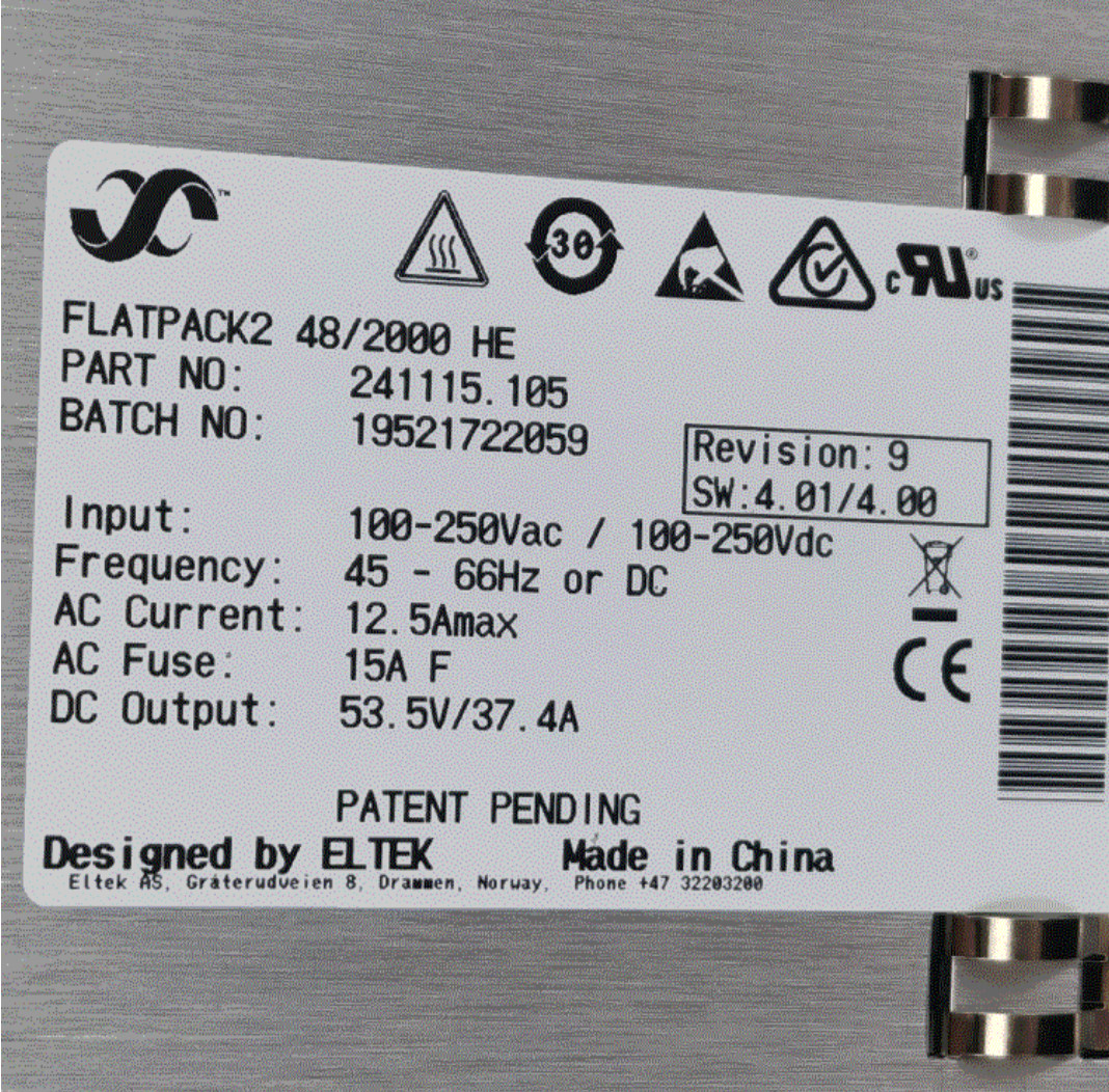 Eltek 48V 2000W Rectifier Module FLATPACK2 48/2000 HE 241115.105