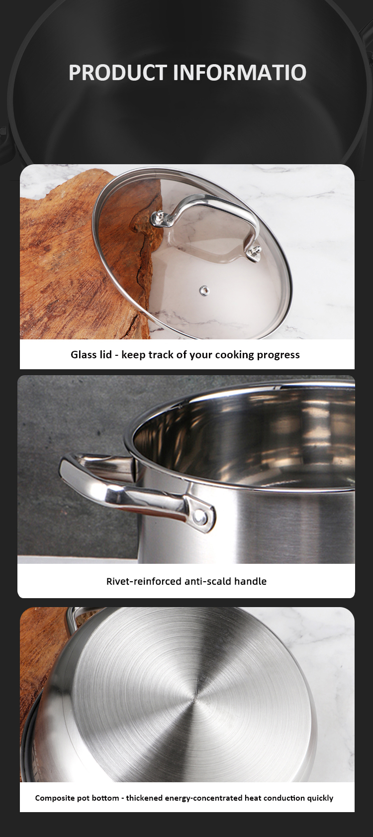 New Arrival 3 Piece Cookware Set Stainless Steel Soup Pot Stock Pot Set Cooking Cookware Set