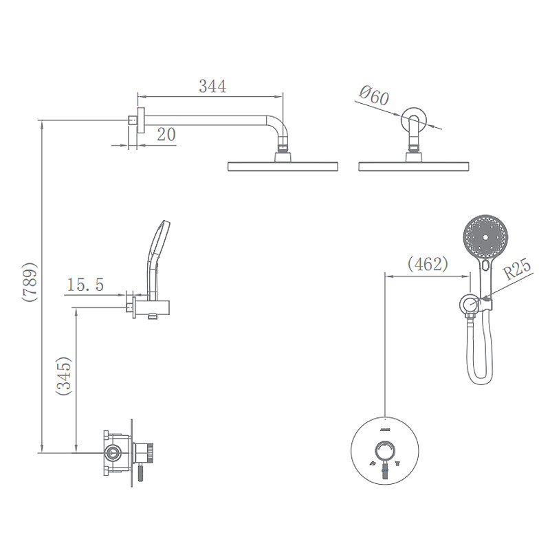 Brass Shower Set Built-in Bath Shower System Easy Clean Rainfall Round Head Shower With Faucet