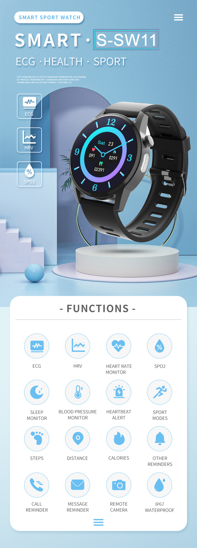 1.28 Inch Full Touch Full Circle Screen ECG Button Touch Dual Operation Sw11 Smart Watch
