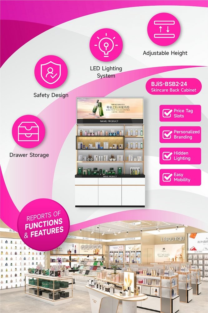 BJiS-BSB2-24 LED Strip Lights Skincare Display Cabinet with Personalized Branding for High-End Makeup