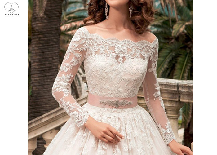 White Lace Elegant Long Sleeve Wedding Dresses Beaded Belt Floor Length