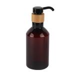 Amber Slanted Shoulder PET Bottle Natural Bamboo Long Nozzle Lotion Pump 7oz