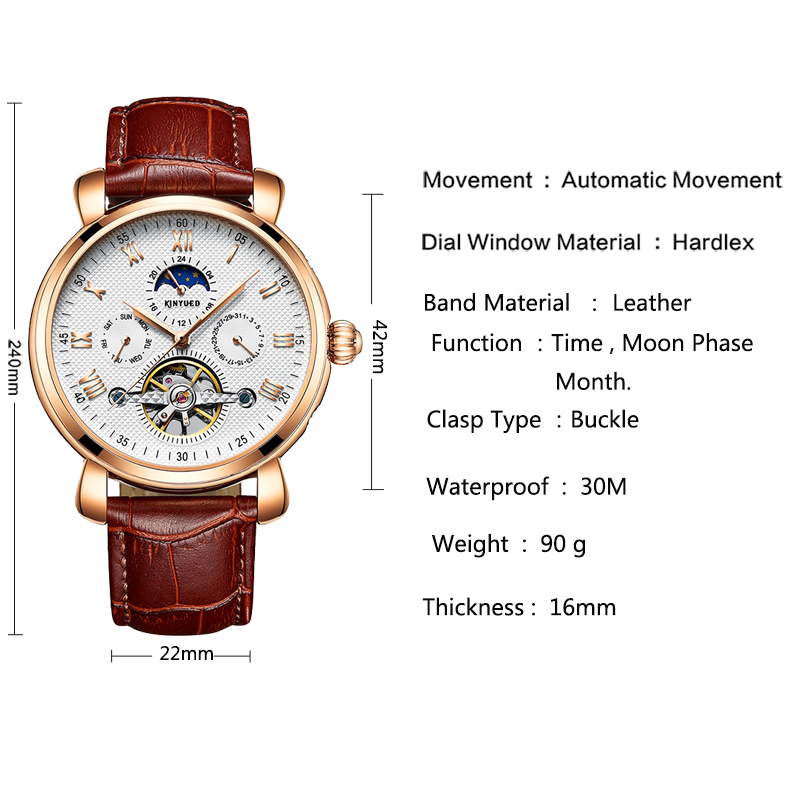 Genuine Leather Mens Winner Automatic Mechanical Watch Moon Phase Automatic Movement Mechanical Watch