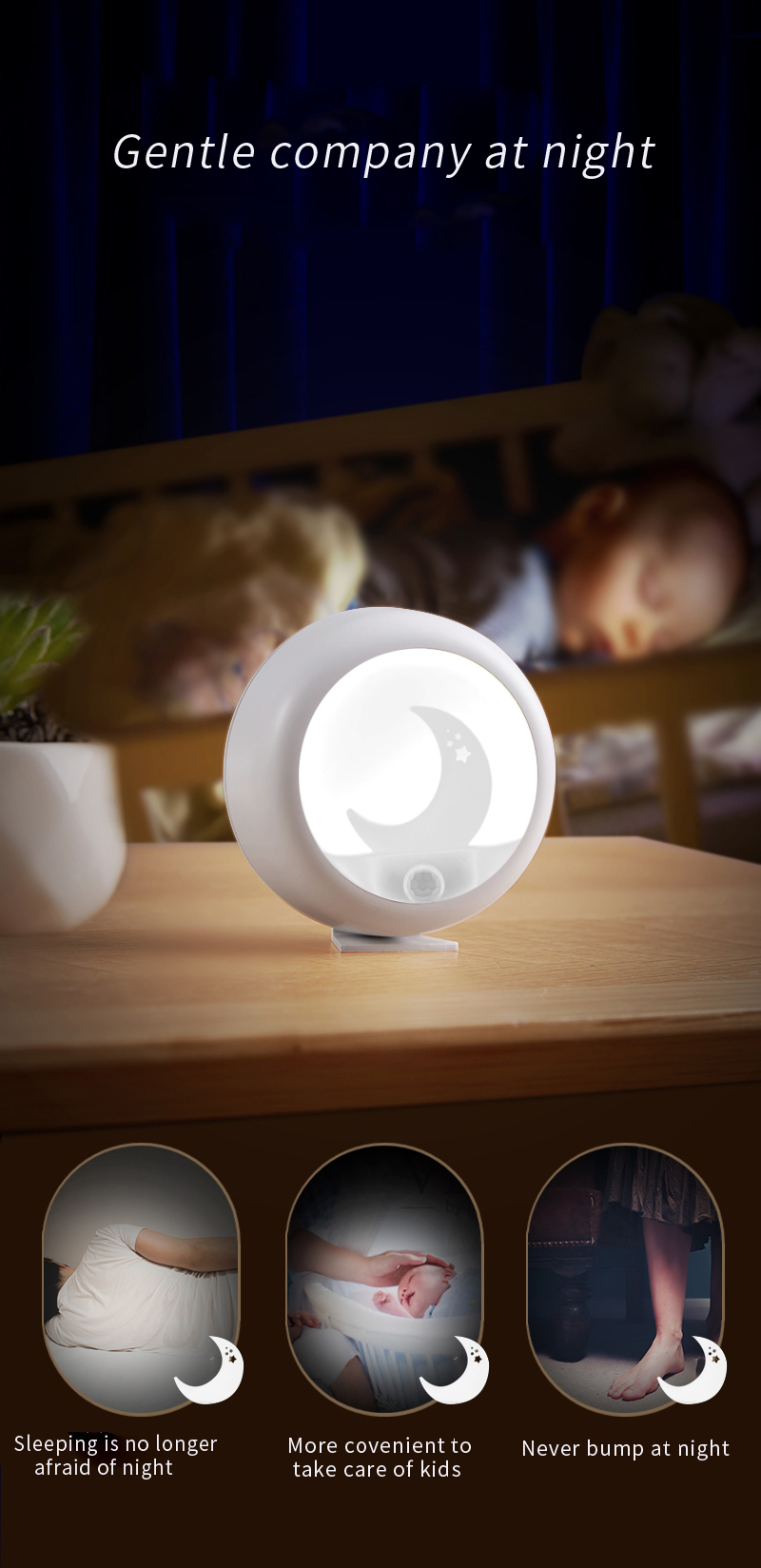 Portable Natural White Dia8cm 4000K USB Rechargeable Motion Sensor Light Moon Shape