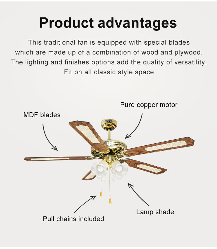 Hotel 52 Inch MDF Blade Ceiling Fan with 100% Copper Motor and Fancy Decorative Design
