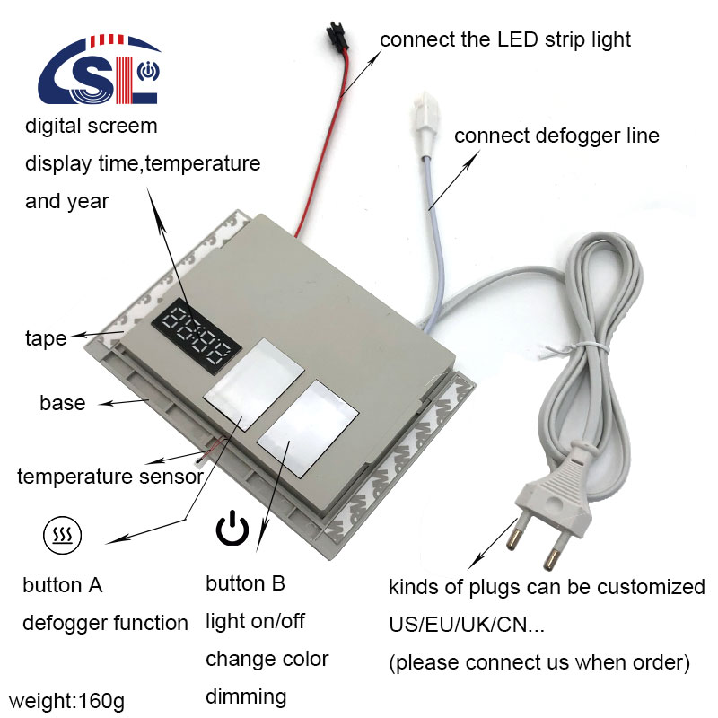 DC12V 5A 60W Single Color Touch Sensor Switch Led Mirror Touch With Time Temperature Display