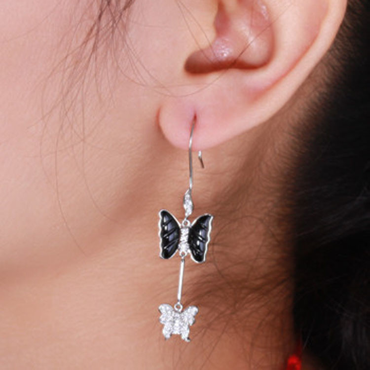 18K White Gold with Diamonds Balck Onyx Butterfly Dangle Earrings (GDE019)