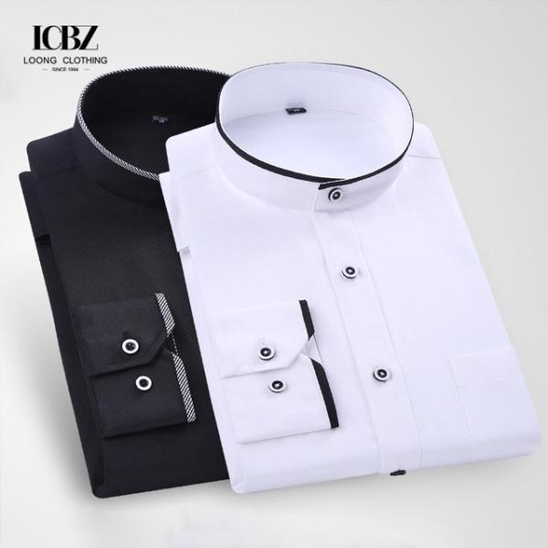 Covered Button Closure Men's Black and White Business Casual Shirt with Stand