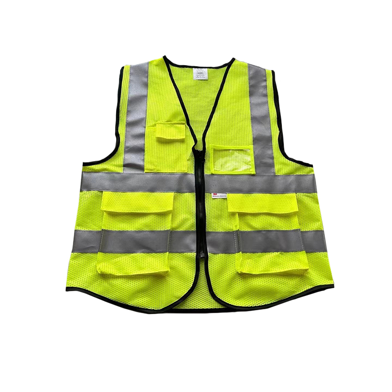 Patchwork Polyester Safety Vest With Pockets And Zipper Orange Green