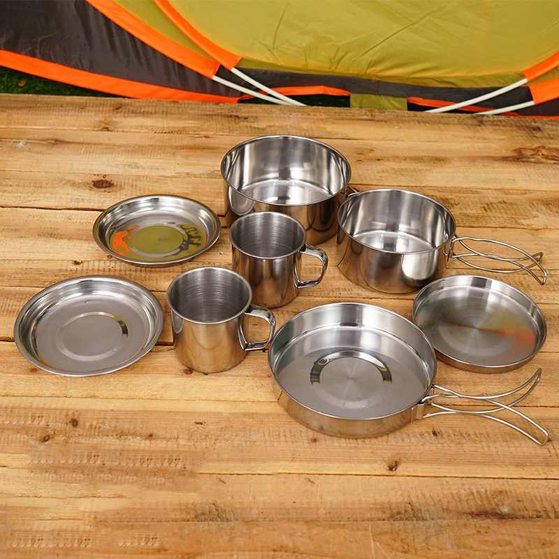 8PCS Camping Outdoor Cookware Set Stainless Steel Camp Accessories