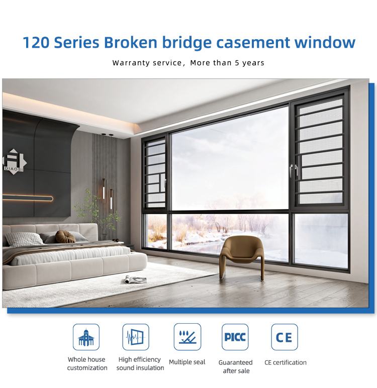 Heat Insulation Sash Bullet Proof Aluminium Frame Casement Window Screen