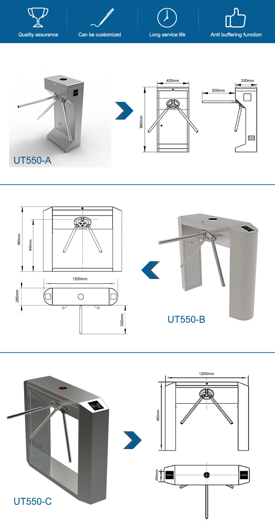 Vertical Tripod Turnstile Gate 304 Stainless Steel 24V DC Brushless Motor 50Hz
