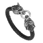 Hot Sales PU Leather Stainless Steel Double Wolf Heads Bracelet