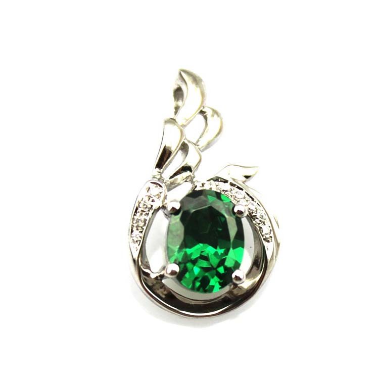 925 Silver Pendant with 6x8mm Oval Green and Clear Cubic Zircon Pendant (PSJ0401)