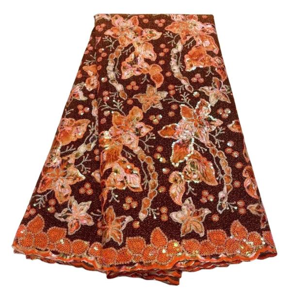Sustainable Velvet Lace Fabric with Colorful Flower Embroidery and Shimmering