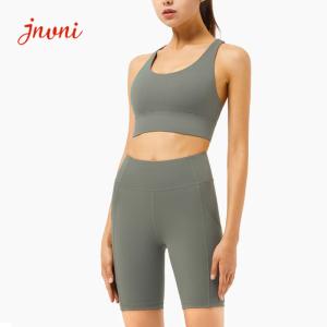 Quality 215gsm Lulu Cross Back Yoga Biker Shorts Athletic 2 Piece Set wholesale