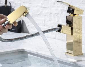 Quality Brass 360°rotate Golden Pull Out Hotel Basin Faucet Tap wholesale