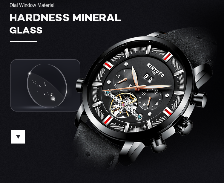 KINYUED J019-4 Private Label Black Case Black Dial Genuine Leather Auto Date Skeleton Automatic Mechanical relogio masc